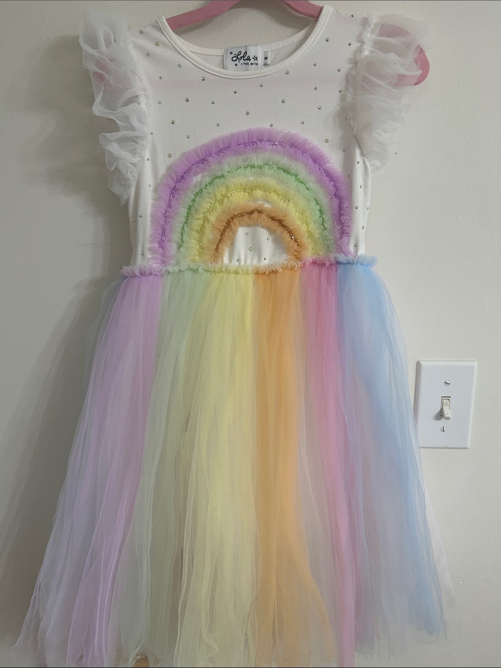 Lola + The Boys White Pastel Rainbow Tulle Dress with Ruffle Sleeves